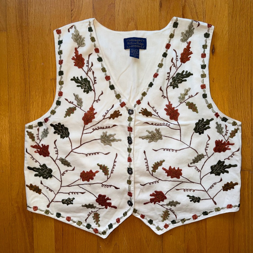 Willow Ridge Womens Embroidered Leaf Vest Cream Cotton Fall Cottagecore Large LP